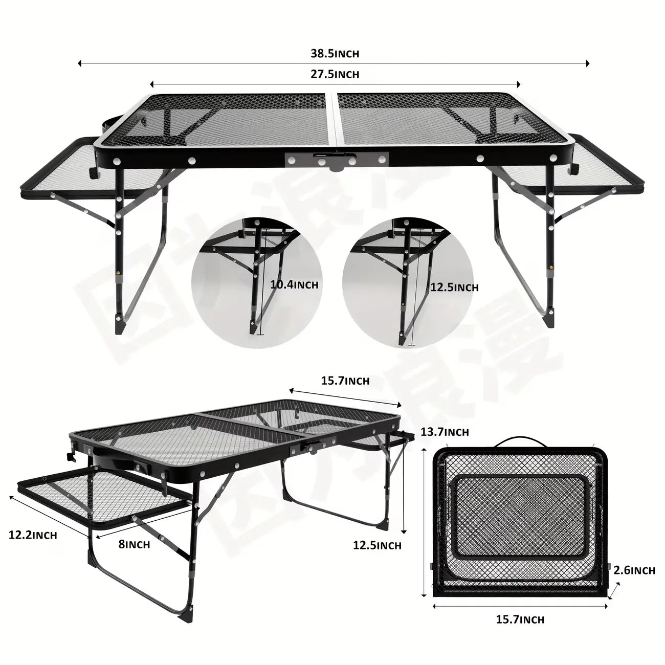 Miaoli Folding Table with Two Side Panels, Camping Table with Mesh Tabletop, Height-Adjustable Folding Barbecue Table