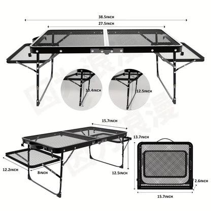 Miaoli Folding Table with Two Side Panels, Camping Table with Mesh Tabletop, Height-Adjustable Folding Barbecue Table